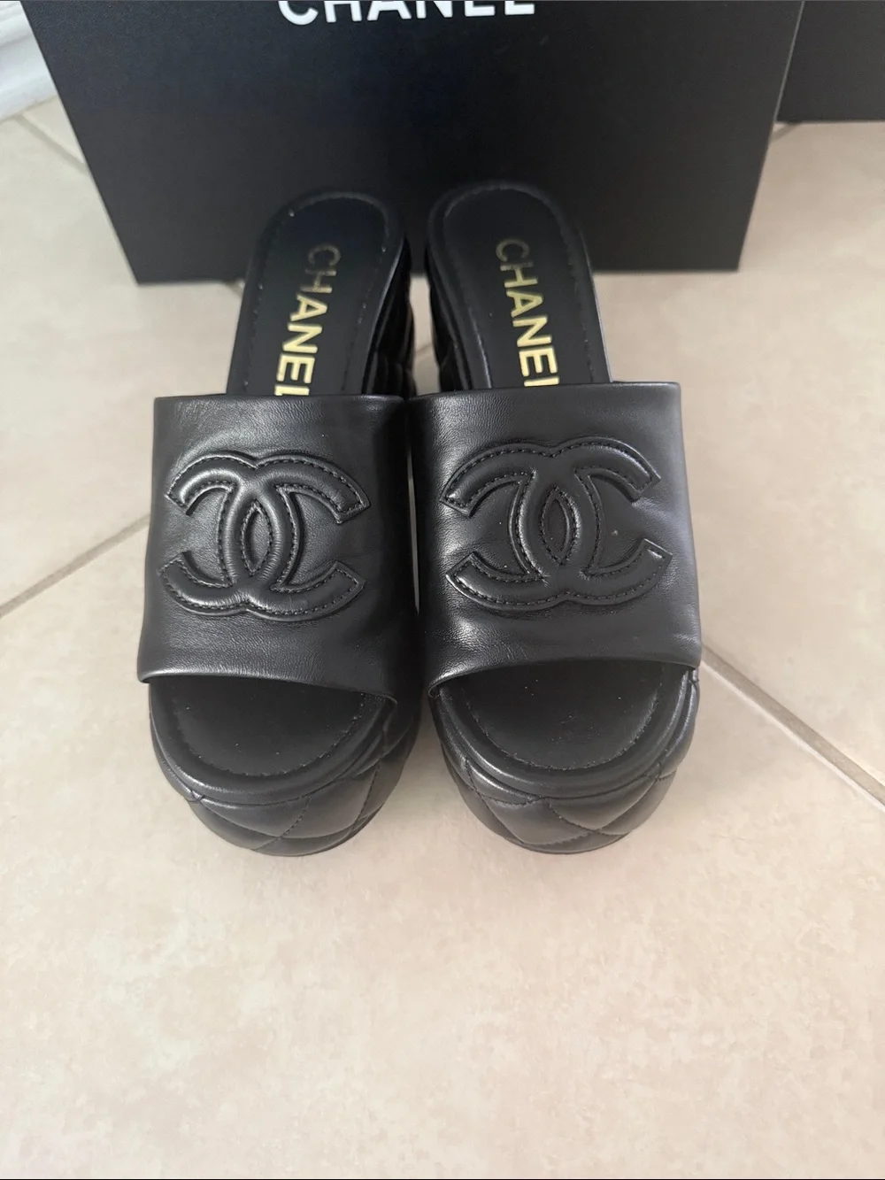 CHANEL Black Quilted Leather Platform Slide Sandals with CC Logo